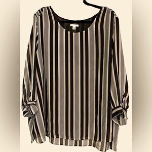 CATO Black/Beige/White Striped Sheer Lined Long Sleeve Blouse, Sz 22/24W, GUC.